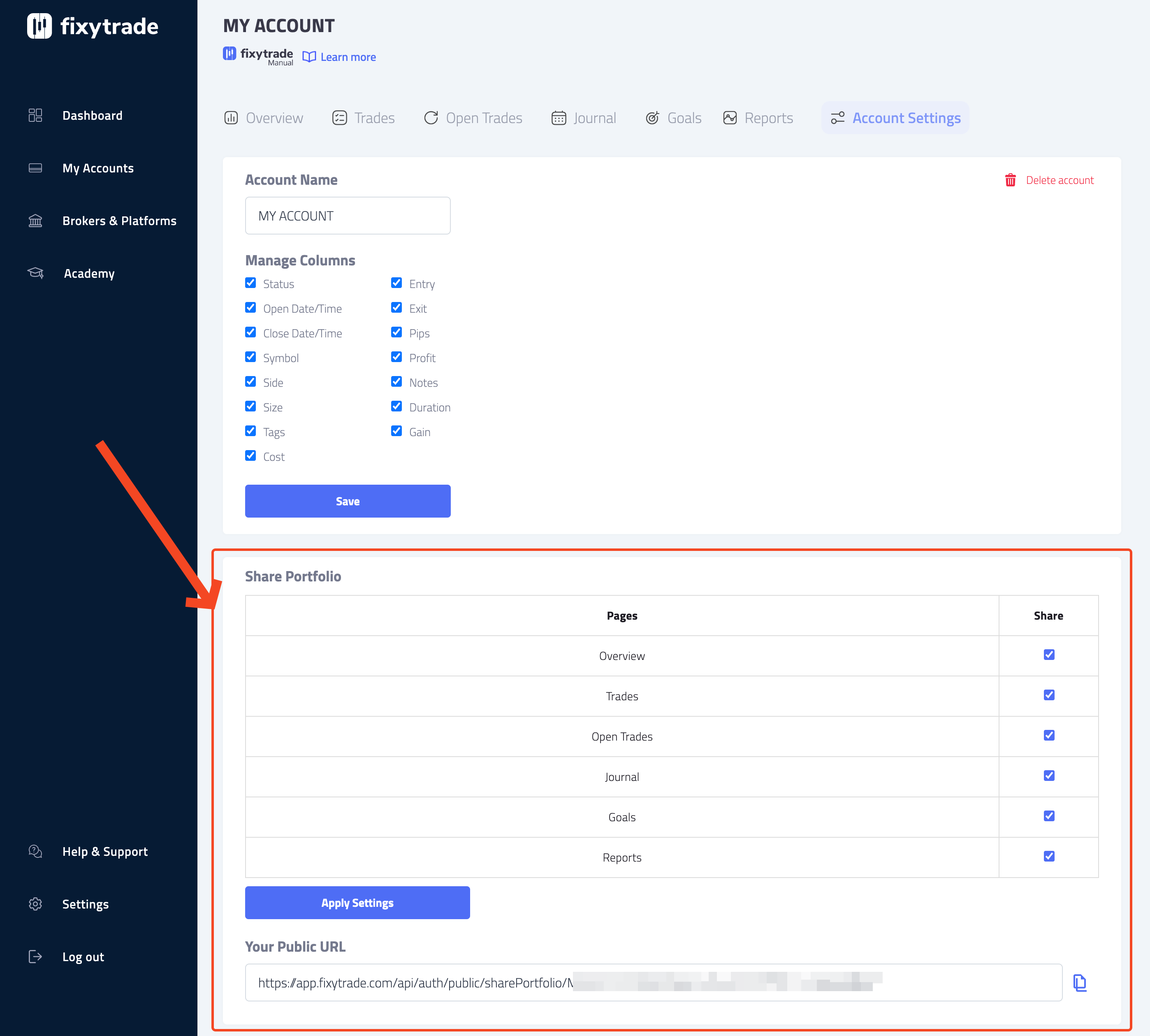 The Share Portfolio panel in account settings: one checkbox per page to share, and the public URL it produces.