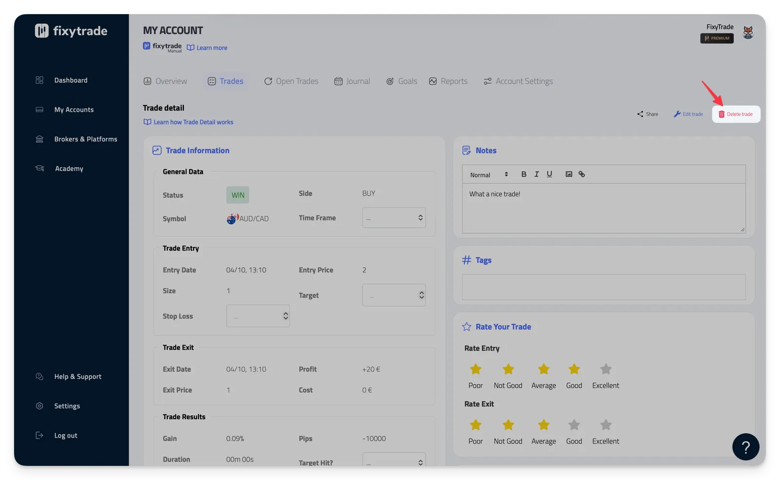 3. If you are sure you want to delete the trade, click Yes to confirm