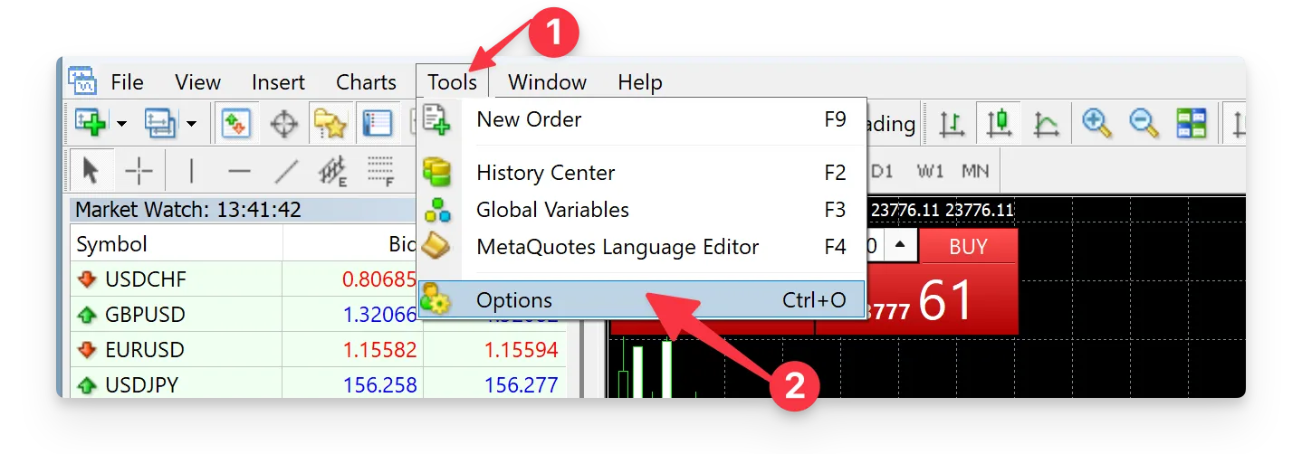 Step 3: On the top left of your dashboard, click Tools then click Options.