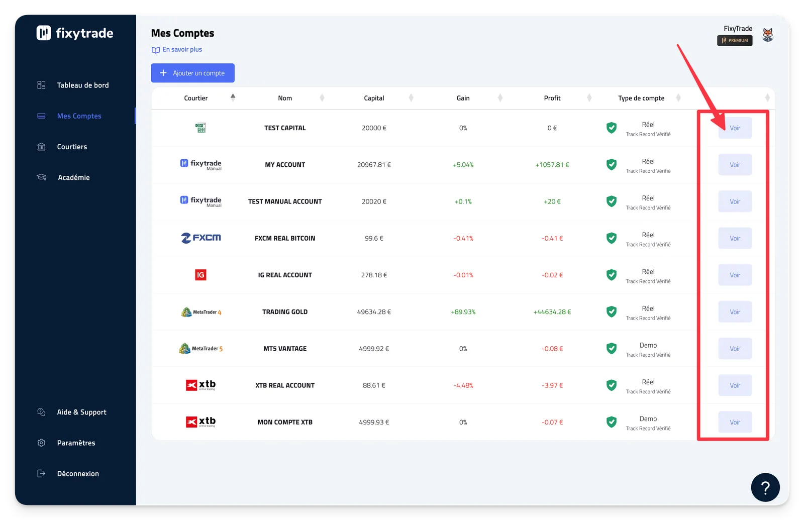 Étape 2 : Cliquez sur le bouton 'Voir' correspondant au compte de trading dont vous souhaitez changer le nom.