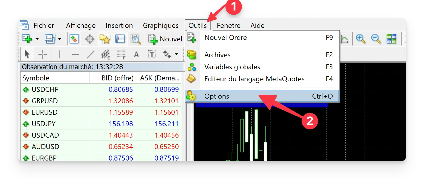 Étape 3 : En haut à gauche de votre tableau de bord, cliquez sur Outils puis sur Options.