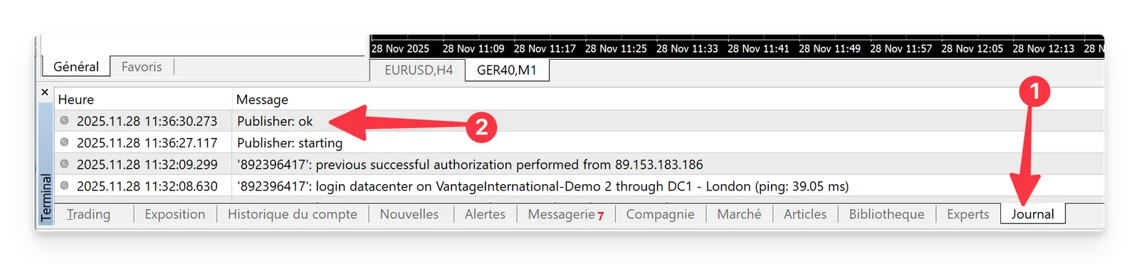 Étape 7 : Maintenant, il est temps de tester la synchronisation de votre compte en cliquant sur Test et en consultant l'onglet Journal…