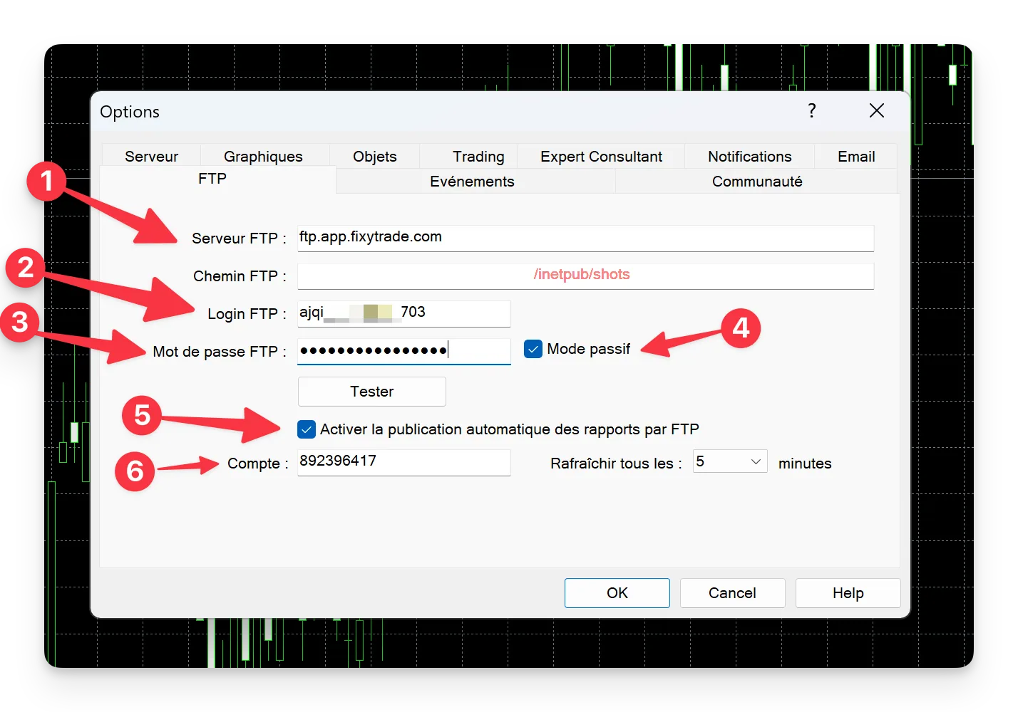 Étape 6 : Veuillez cocher la case Mode passif et Activer la publication automatique des rapports via FTP. Entrez votre numéro de compte…