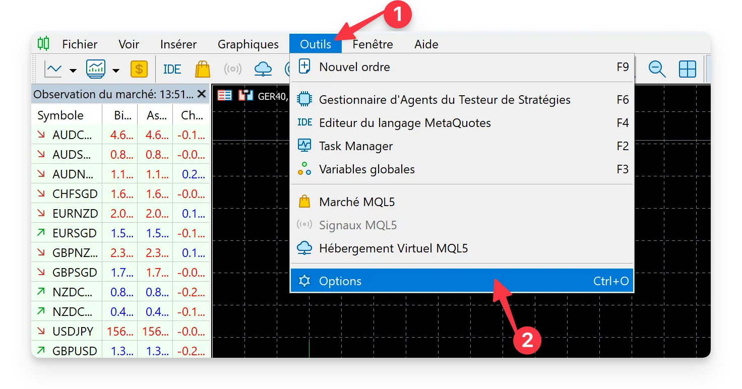 Étape 3 : En haut à gauche de votre tableau de bord, cliquez sur Outils puis sur Options.