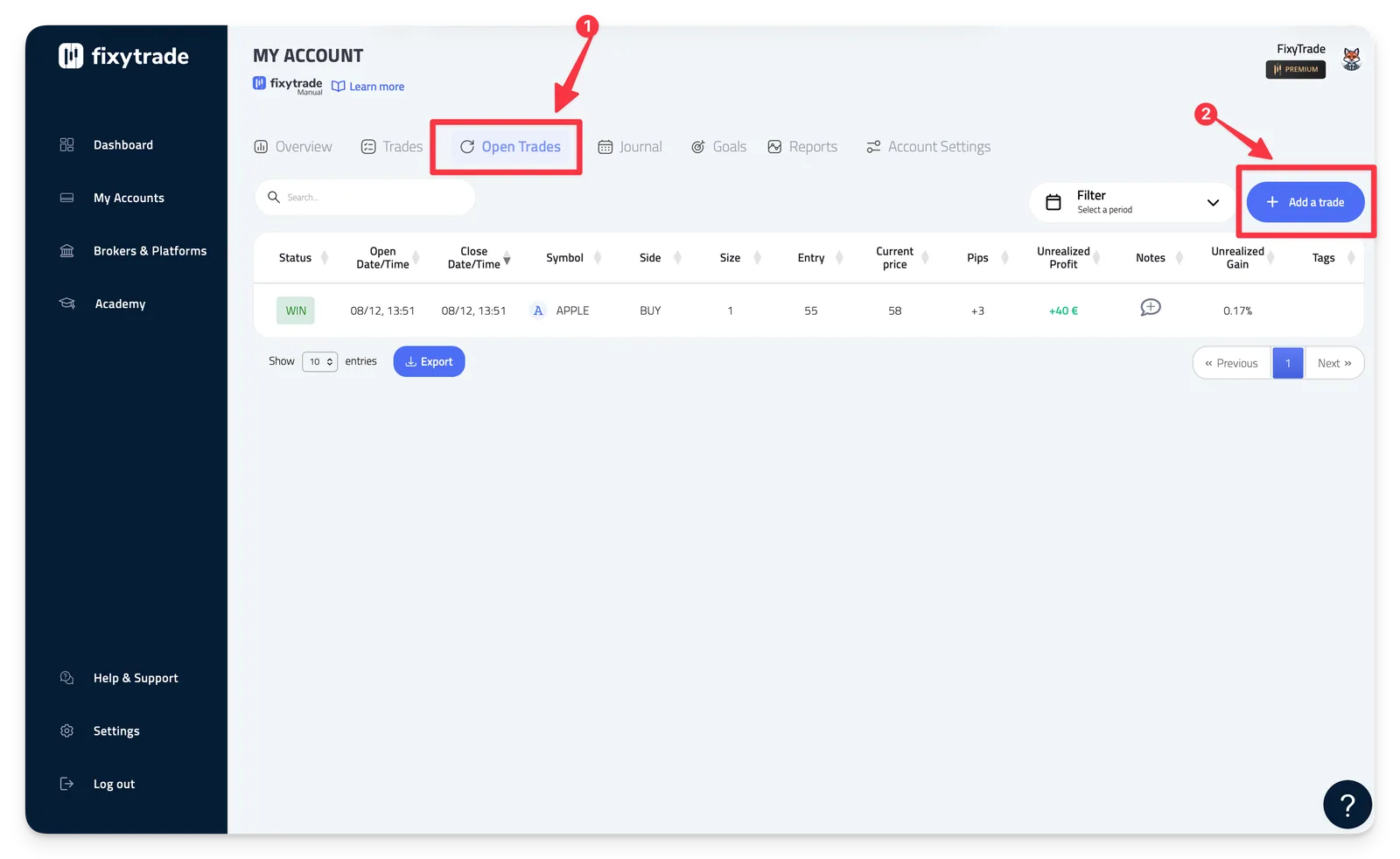 - Click on 'Add a trade'.