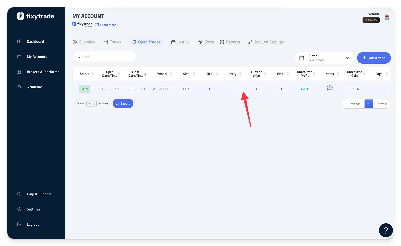 - In the open trade page, click on the trade you wish to close.