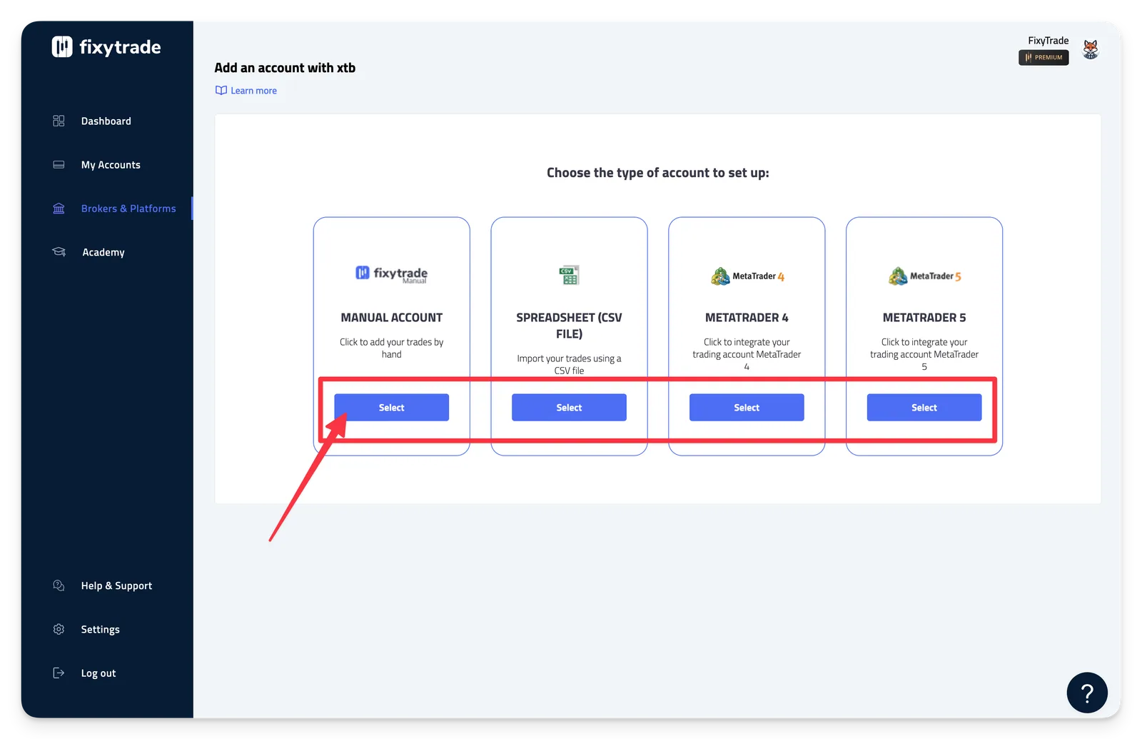 - Select the type of account to set up and follow the process below