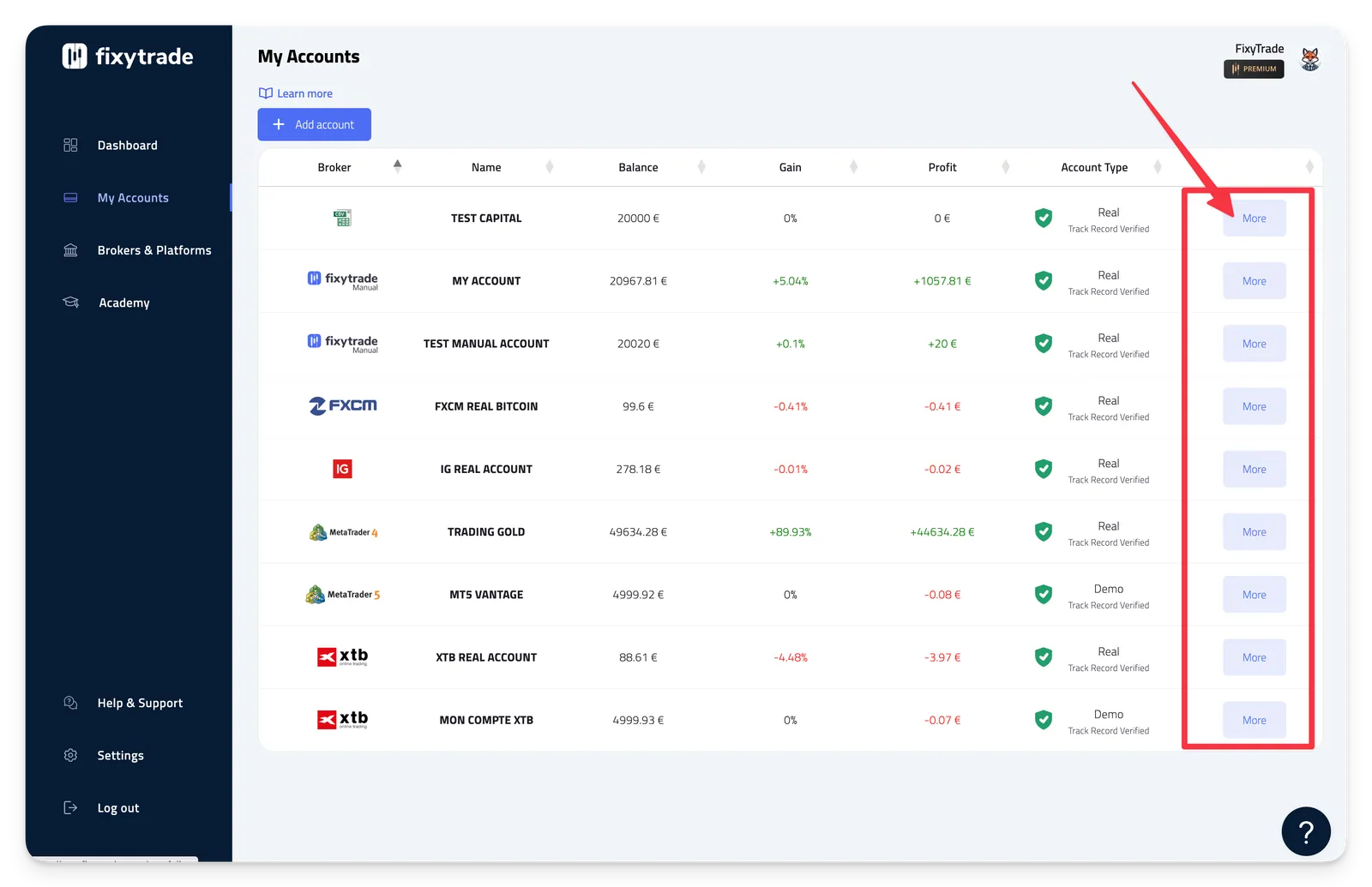 Step 2: Click on the 'More' button corresponding to the trading account whose name you want to change.