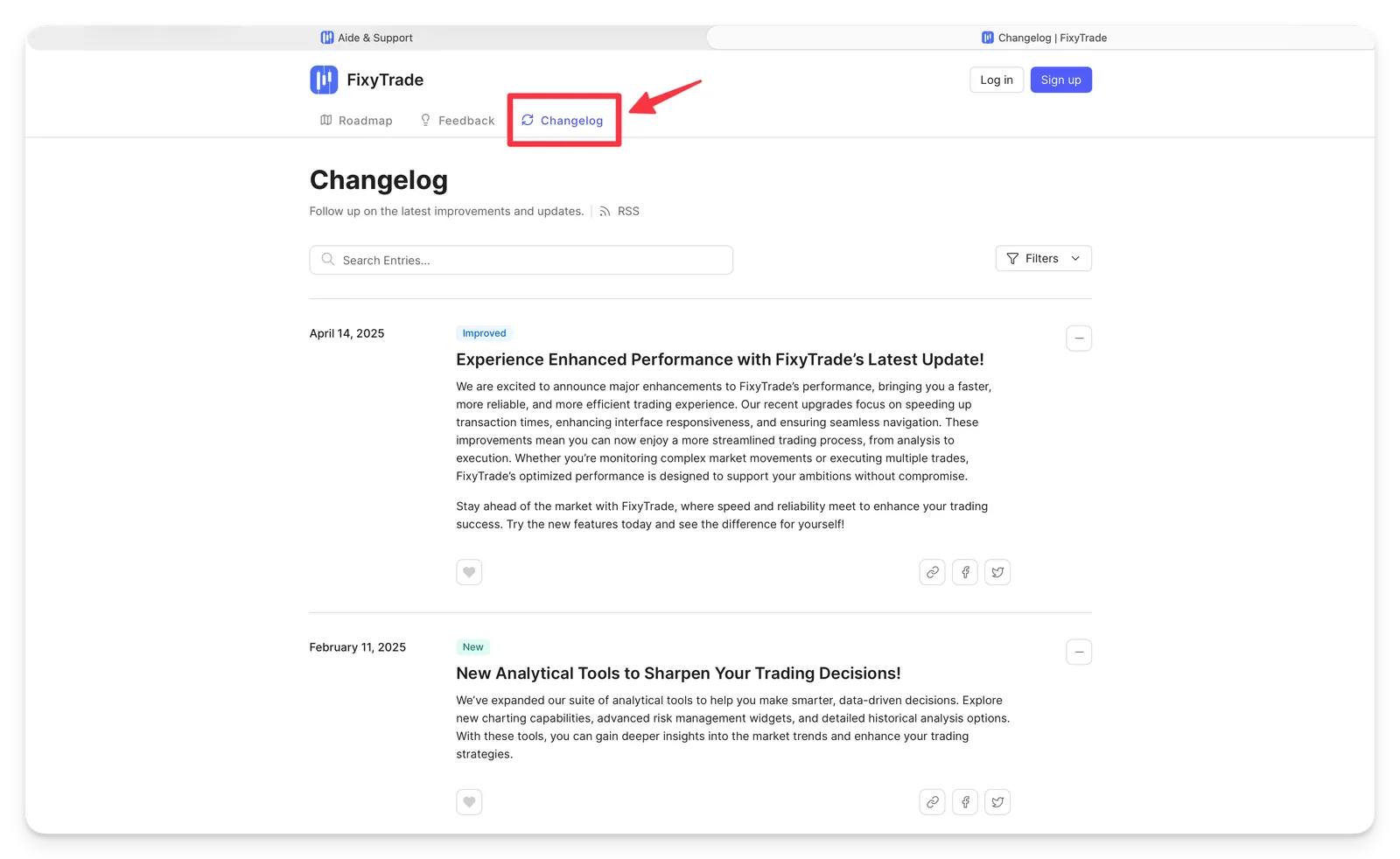 3. Cliquez sur CHANGELOG